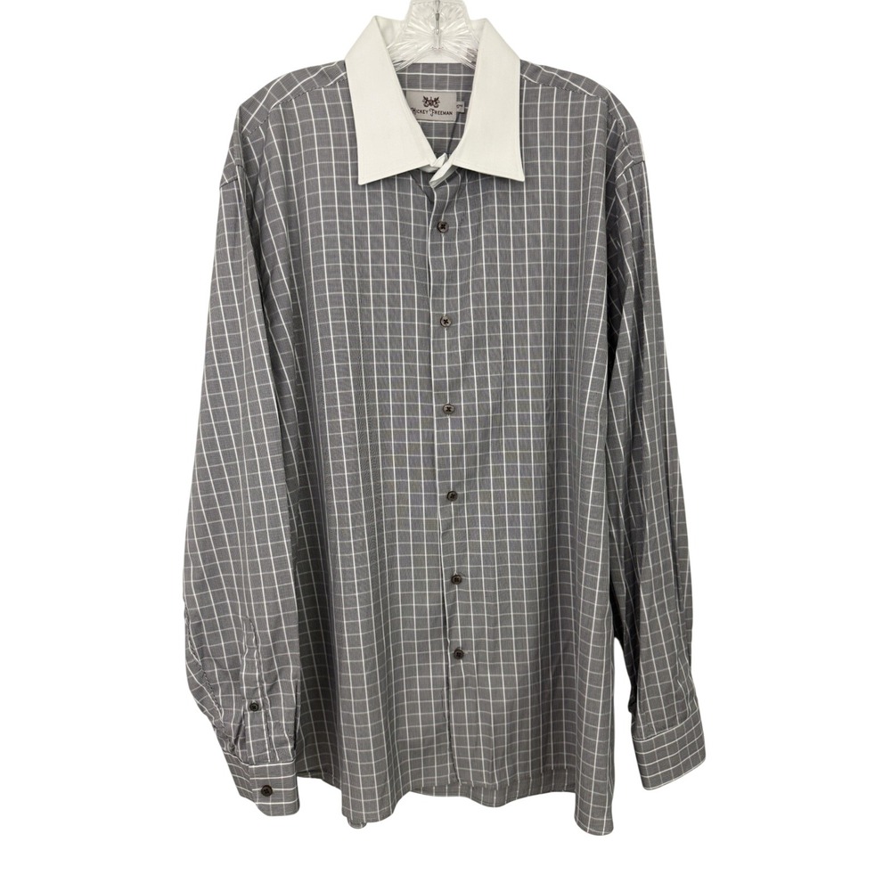 HICKEY FREEMAN Mens Dress Shirt 17.5 Black Gray Plaid Check Bankers Collar
